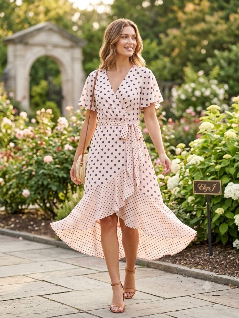 Eliza J Blush Pink Polka Dot High-Low Wrap Dress